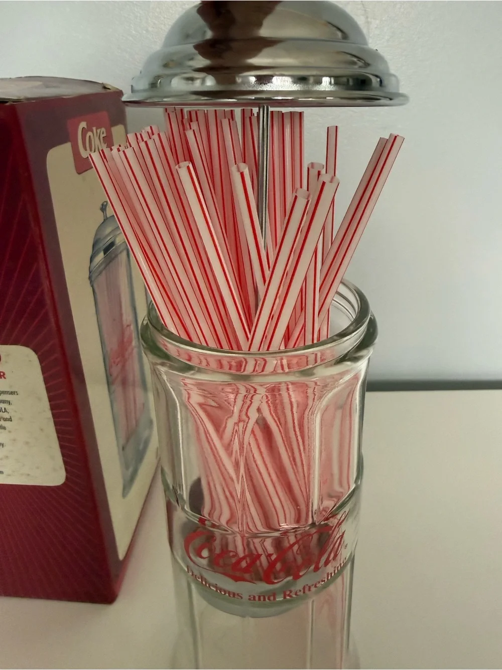 Coca-Cola Clear Glass Straw Dispenser with Red & White Striped Straws